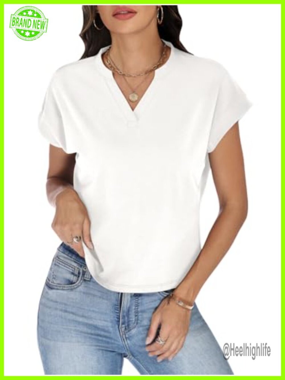 Cotton V Neck Crop Top Boxy Short Sleeve Basic Tee for Women